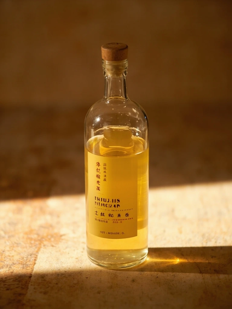 Junmai Gold vinegar bottle on cypress wood