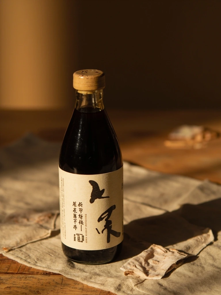 Junmai Black vinegar bottle on linen