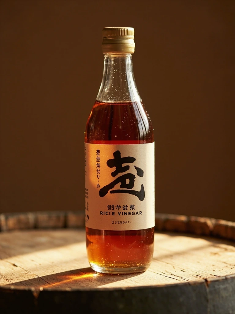 Aged Brown Rice vinegar bottle on cedar stave