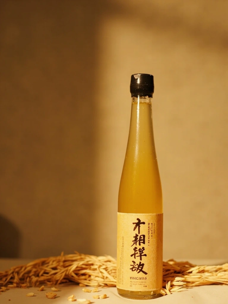Pure Rice Vinegar bottle on hinoki wood