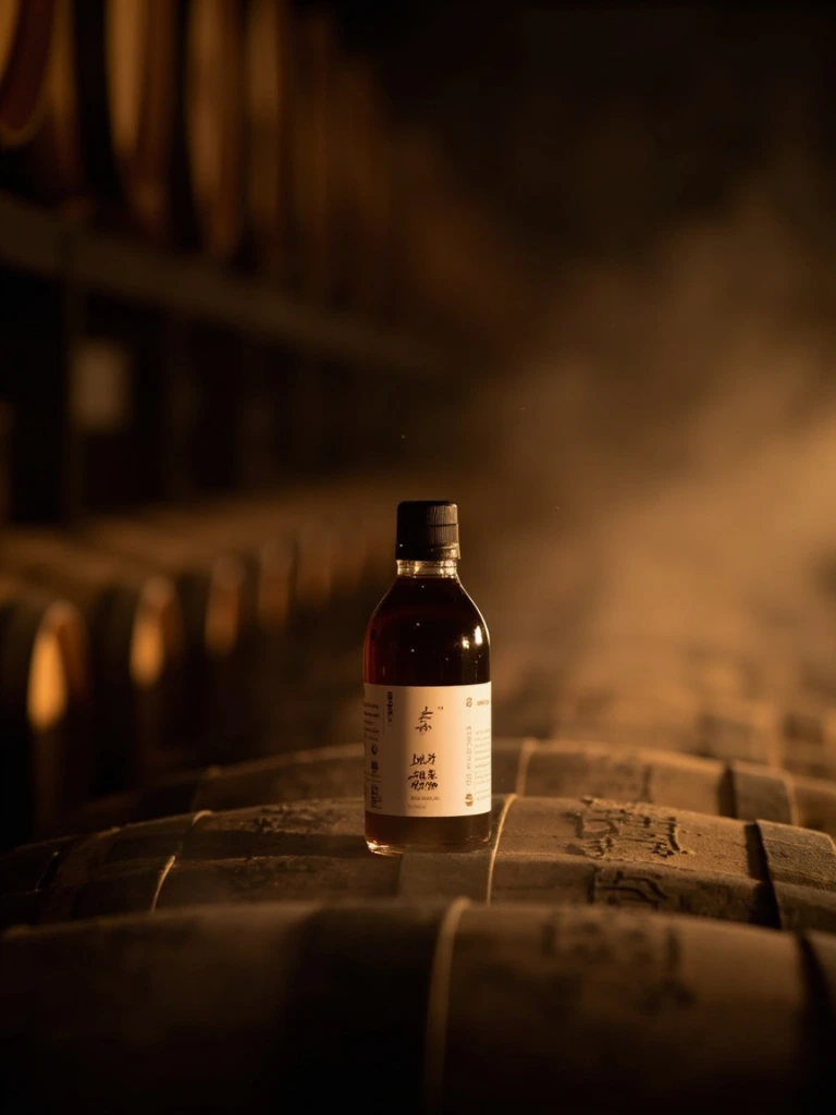 Hand-stamped cedar and cypress aging barrels in the Shigaraki cellar